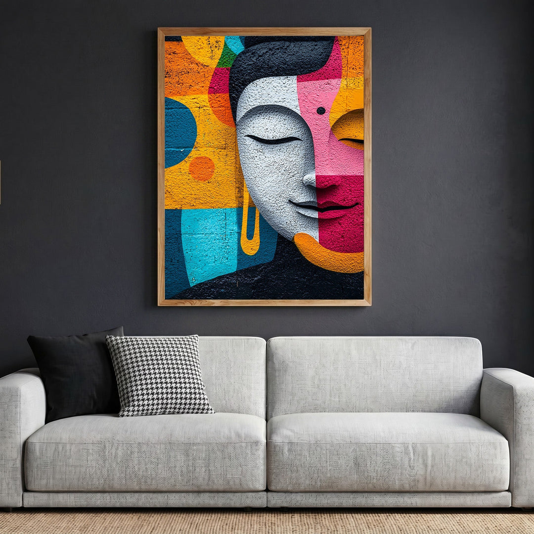 Wadi Home abstract Buddha face wall art print with vibrant orange, magenta, and teal geometric patterns in a wood frame