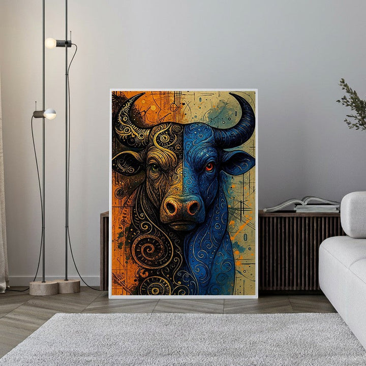Wadi Home abstract bull portrait wall art, split between golden patterns and deep blue hues, with intricate details and vibrant colors.