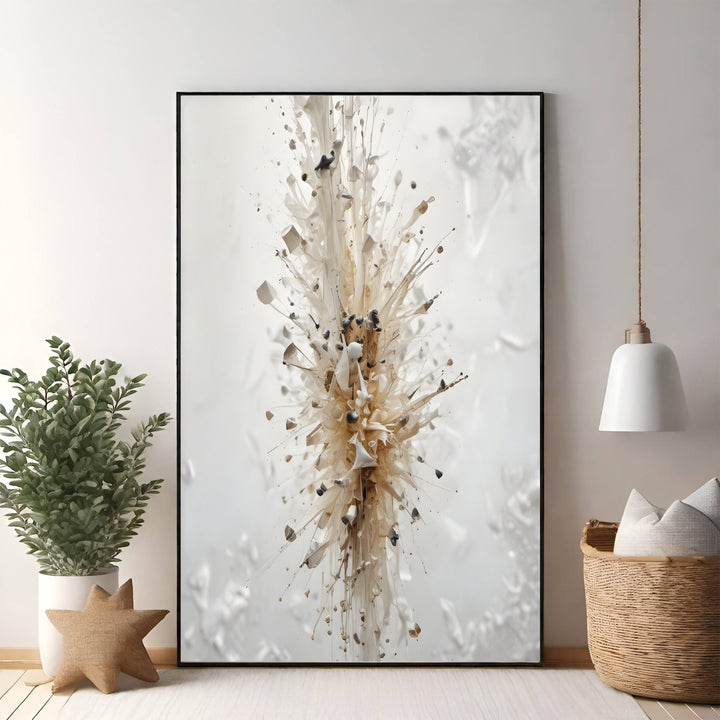 Wadi Home abstract burst wall art in neutral tones with dynamic textures and organic flow, framed in black.
