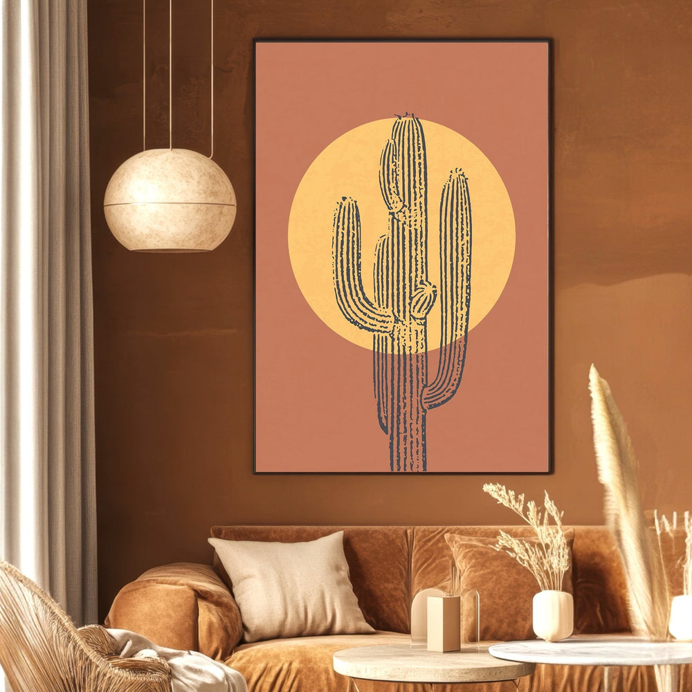 Wadi Home abstract cactus wall art print with a golden sun on a terracotta background, displayed in a modern living room.