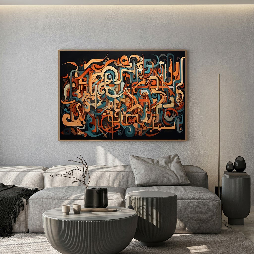 Wadi Home abstract calligraphy framed wall art featuring flowing orange and teal patterns on a dark background in a living room