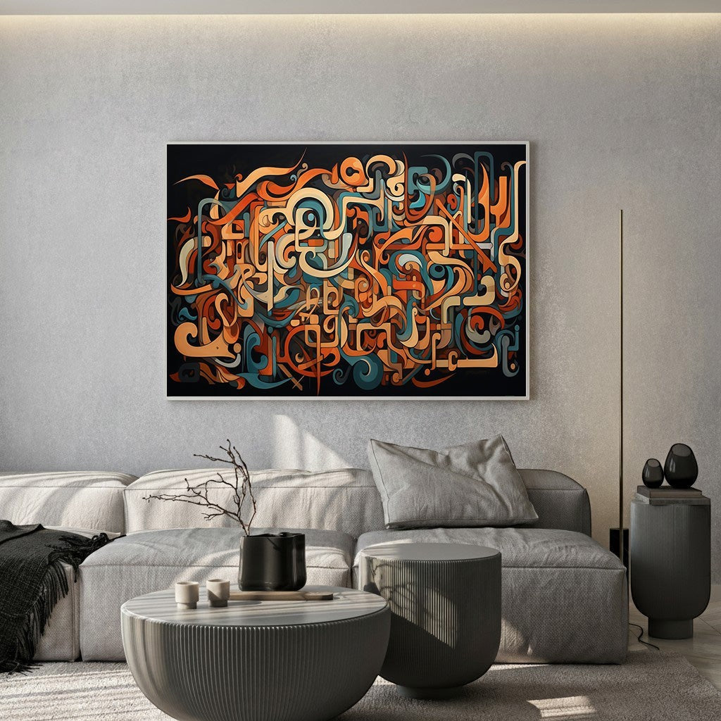 Wadi Home abstract calligraphy framed wall art with orange and teal fluid patterns on a dark background in a living room