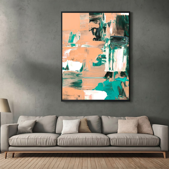 Wadi Home abstract expressionist canvas print with peach, forest green, and white brushstrokes in a black frame.