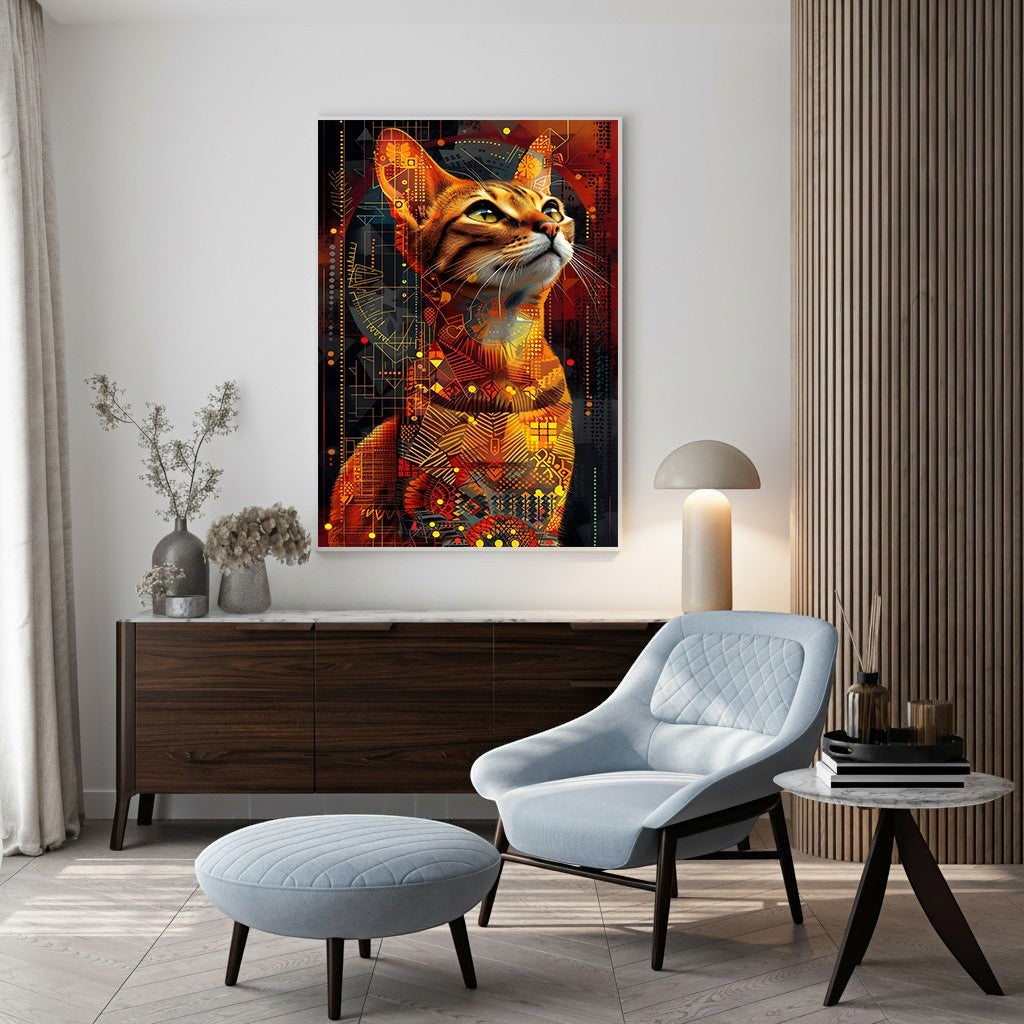 Wadi Home abstract cat portrait wall art with geometric patterns in warm oranges, reds, and golds.