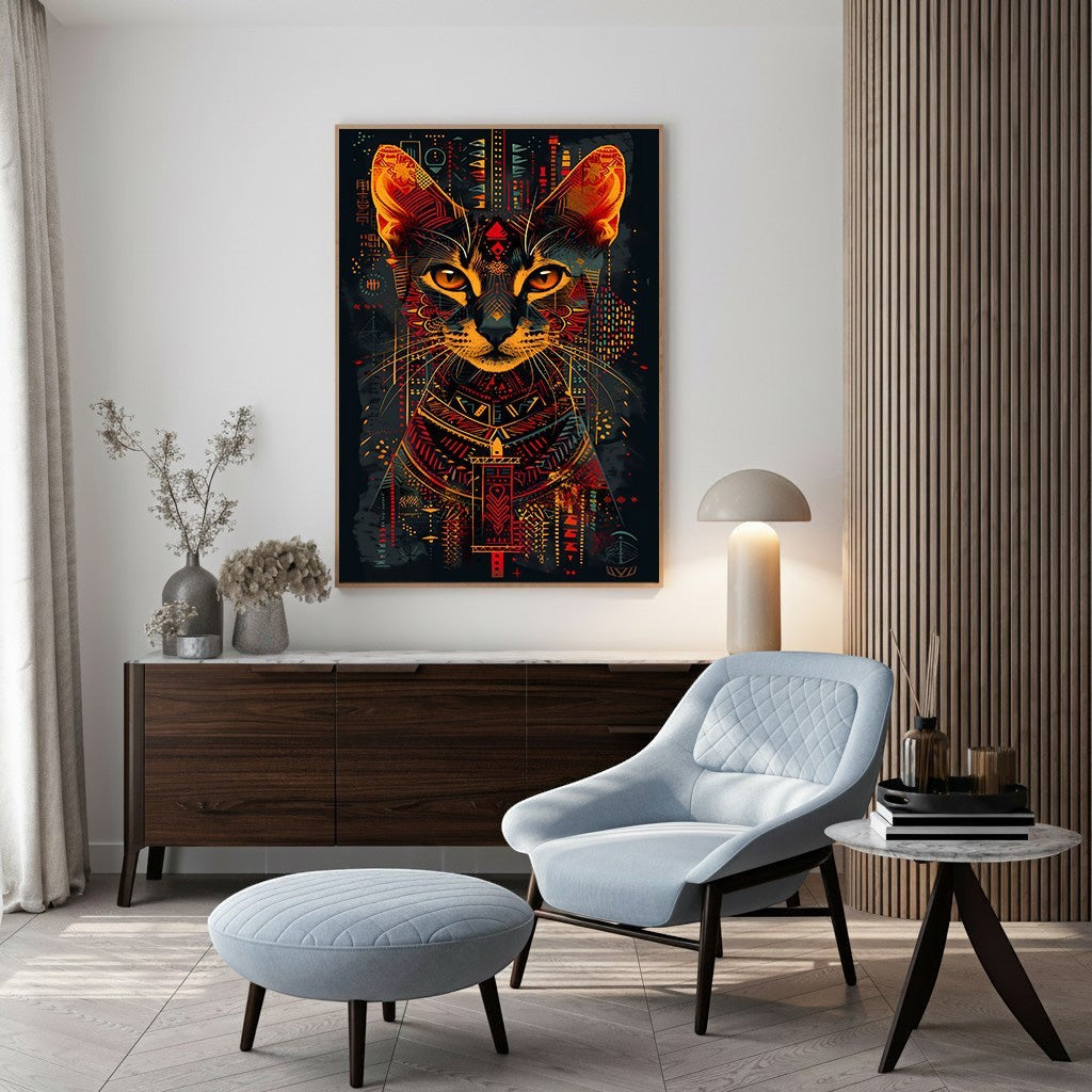 Wadi Home abstract cat portrait wall art with geometric patterns in black, red, and gold.
