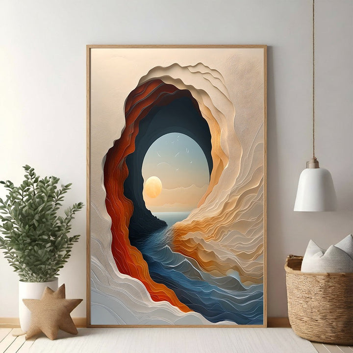 Wadi Home abstract cave landscape wall art with layered earth tones and ocean blues, featuring a sunset through an arch.