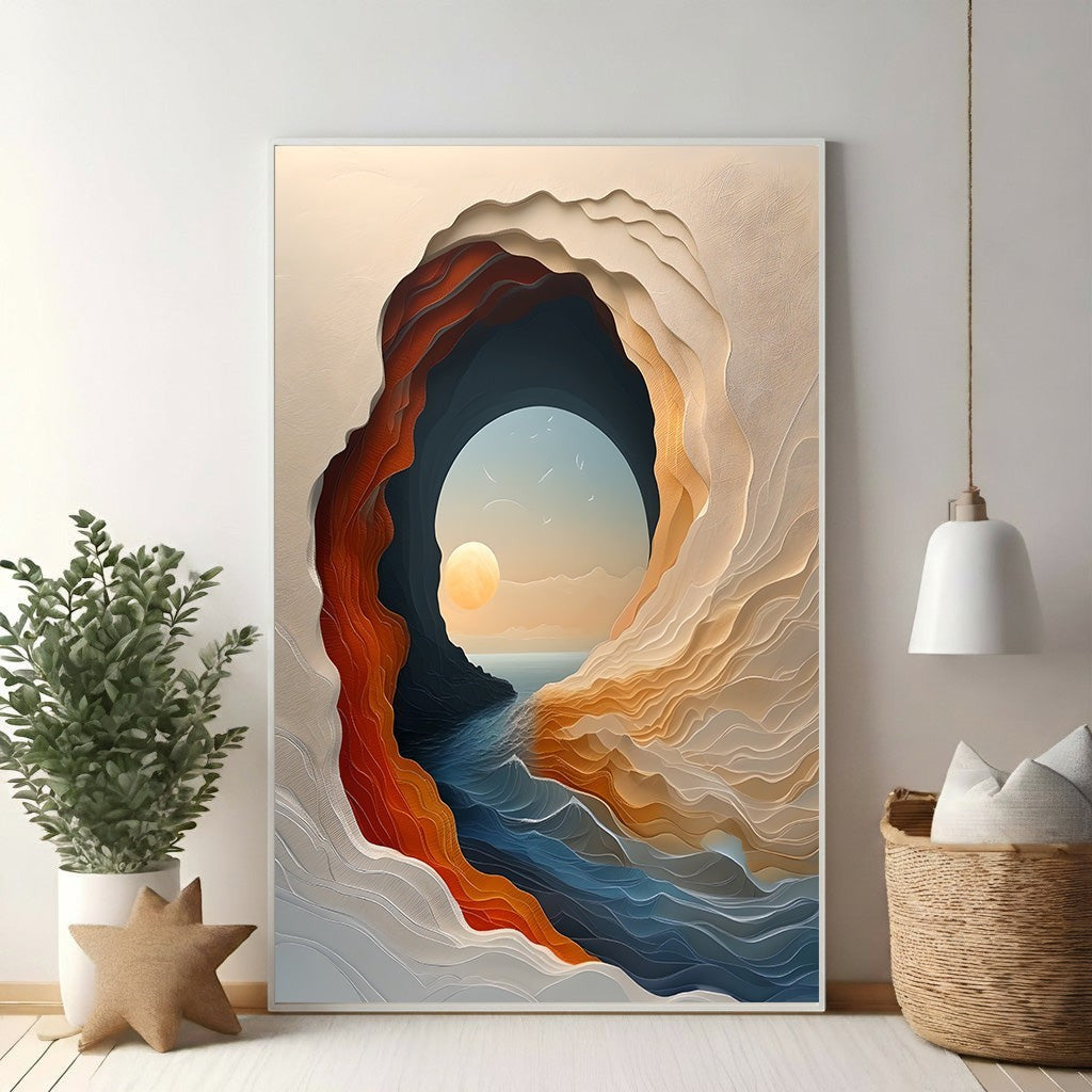 Wadi Home abstract cave landscape wall art with layered earth tones and ocean blues, featuring a sunset through an archway.