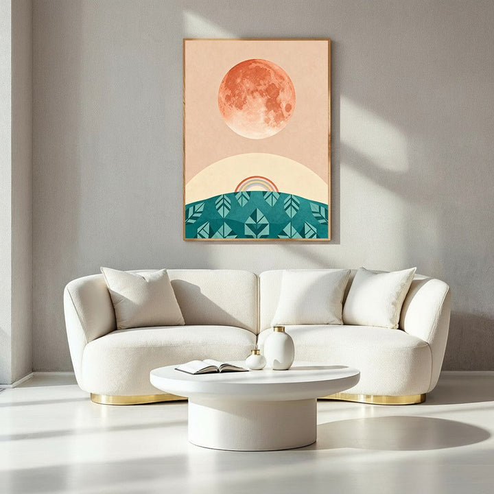 Wadi Home abstract celestial landscape art with textured orange moon, peach sky, teal geometric trees, and rainbow arc.