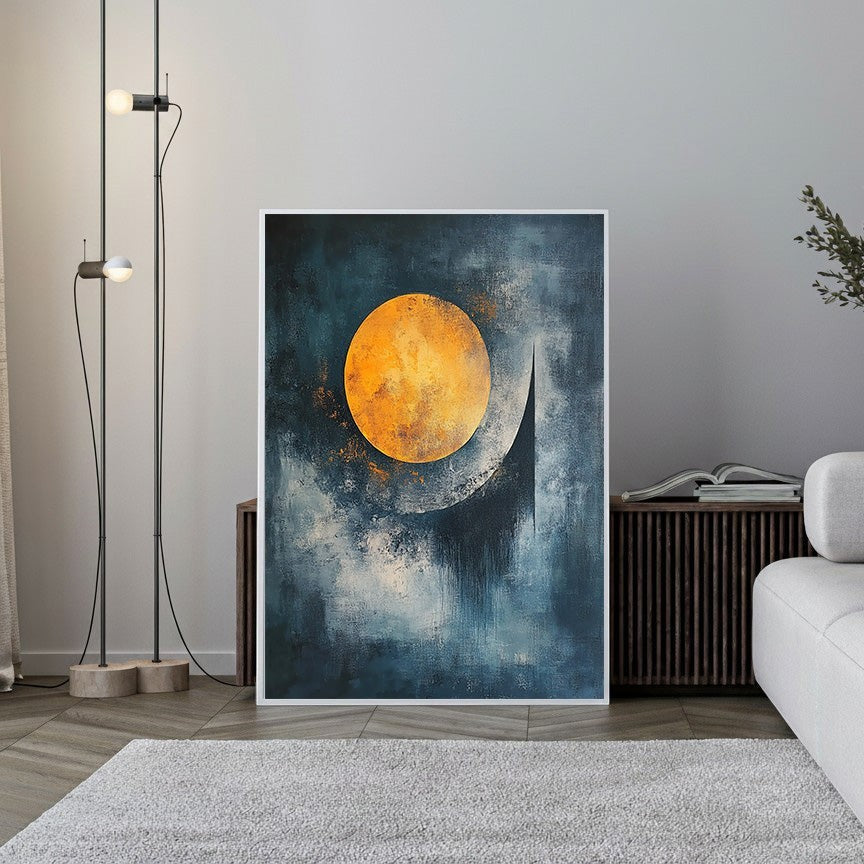 Wadi Home abstract celestial sphere wall art with textured orange circle on moody blue background.