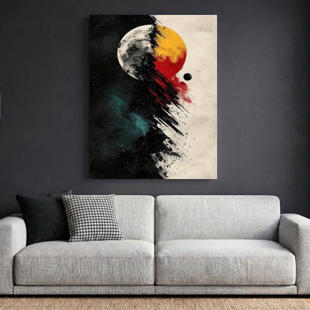 Wadi Home abstract celestial wall art print featuring a cosmic eclipse with black, red, and gold tones above a sofa.