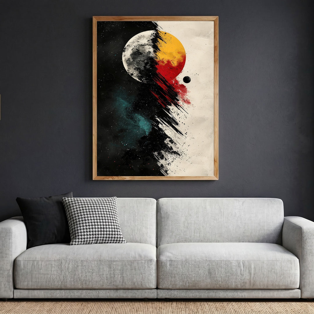 Wadi Home abstract celestial wall art print featuring a cosmic eclipse with black, red, and gold brushstroke textures.