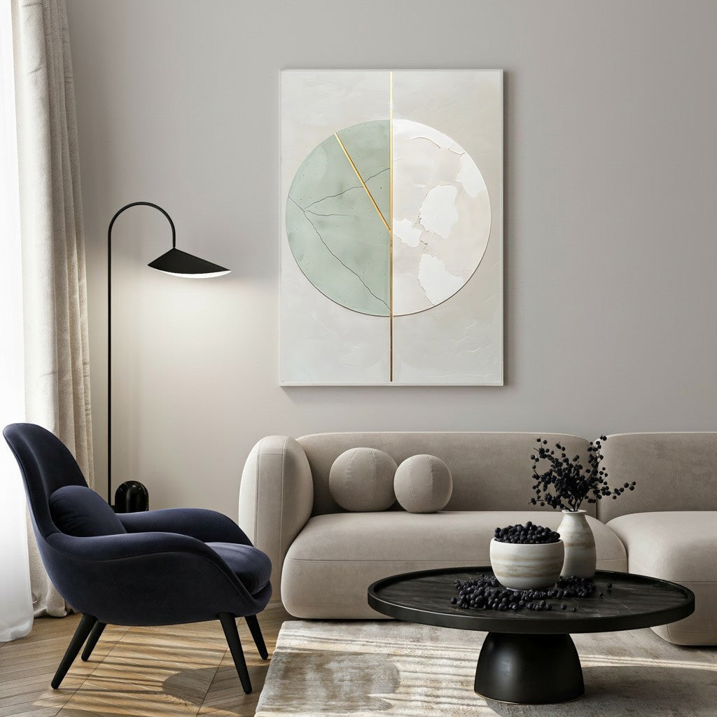 Wadi Home abstract circular canvas wall art in sage green, beige, and gold, framed and hung above a neutral sofa.