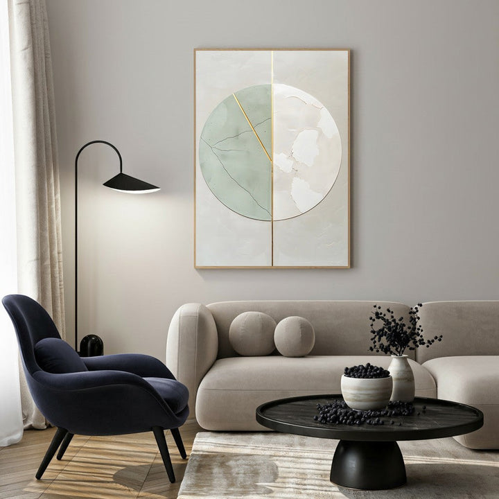 Wadi Home abstract sage green and beige circular canvas wall art with gold detailing, framed.