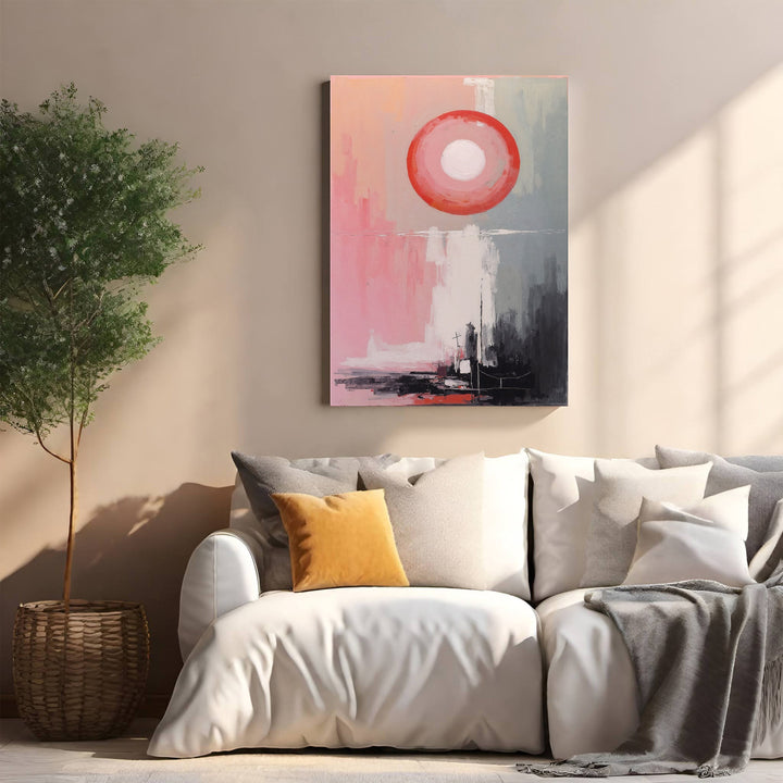 Wadi Home abstract circle landscape wall art with pink, grey, and black tones on canvas.