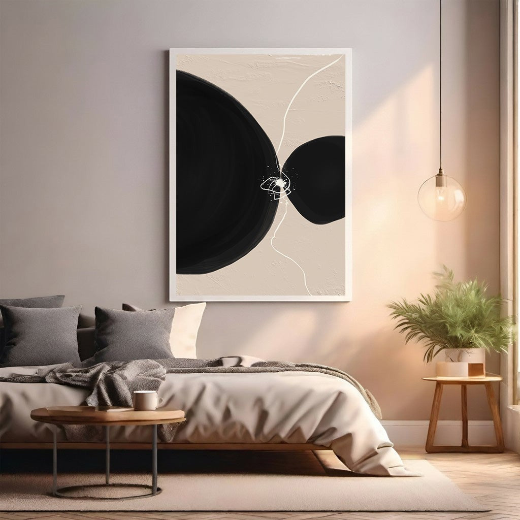 Wadi Home Abstract Circles Wall Art featuring bold black circles on a beige background with white line accents. Modern minimalist art.