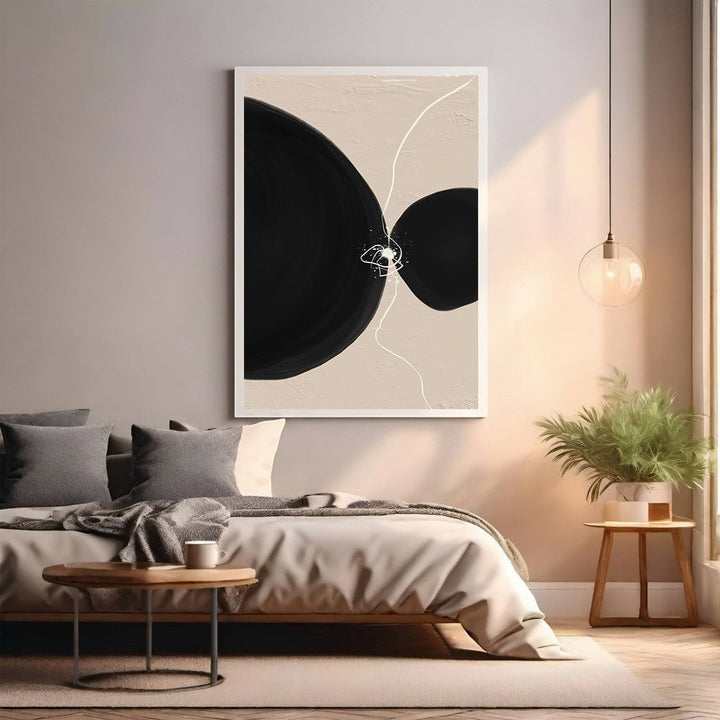 Wadi Home Abstract Circles Wall Art featuring bold black circles on a beige background with white line accents. Modern minimalist art.