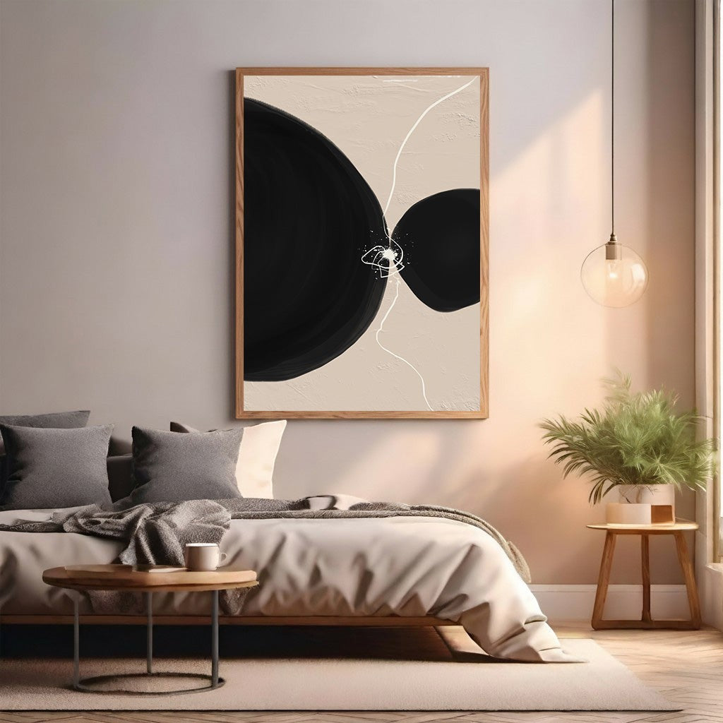 Wadi Home abstract wall art with black circles and white lines on beige background, framed in wood.