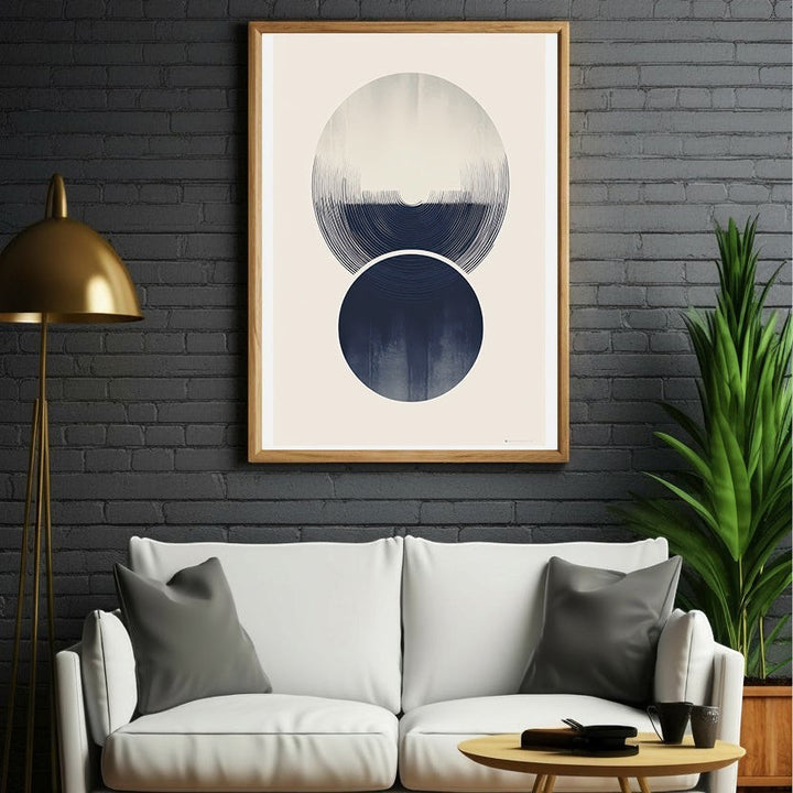 Wadi Home abstract wall art with navy and cream overlapping circles, minimalist graphic style.