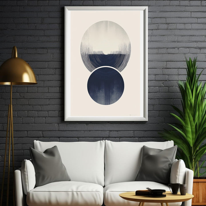 Wadi Home abstract wall art with navy and cream overlapping circles, textured graphic style.