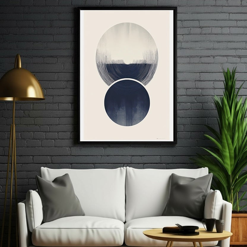 Wadi Home abstract wall art with navy and cream overlapping circles, textured graphic style.