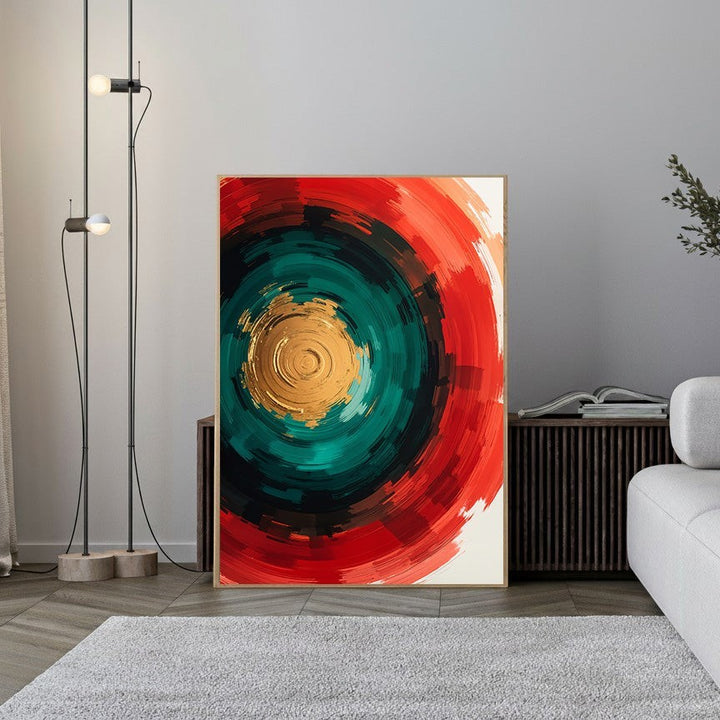 Wadi Home abstract circular wall art with red, teal, and gold concentric swirls and textured brushstrokes.