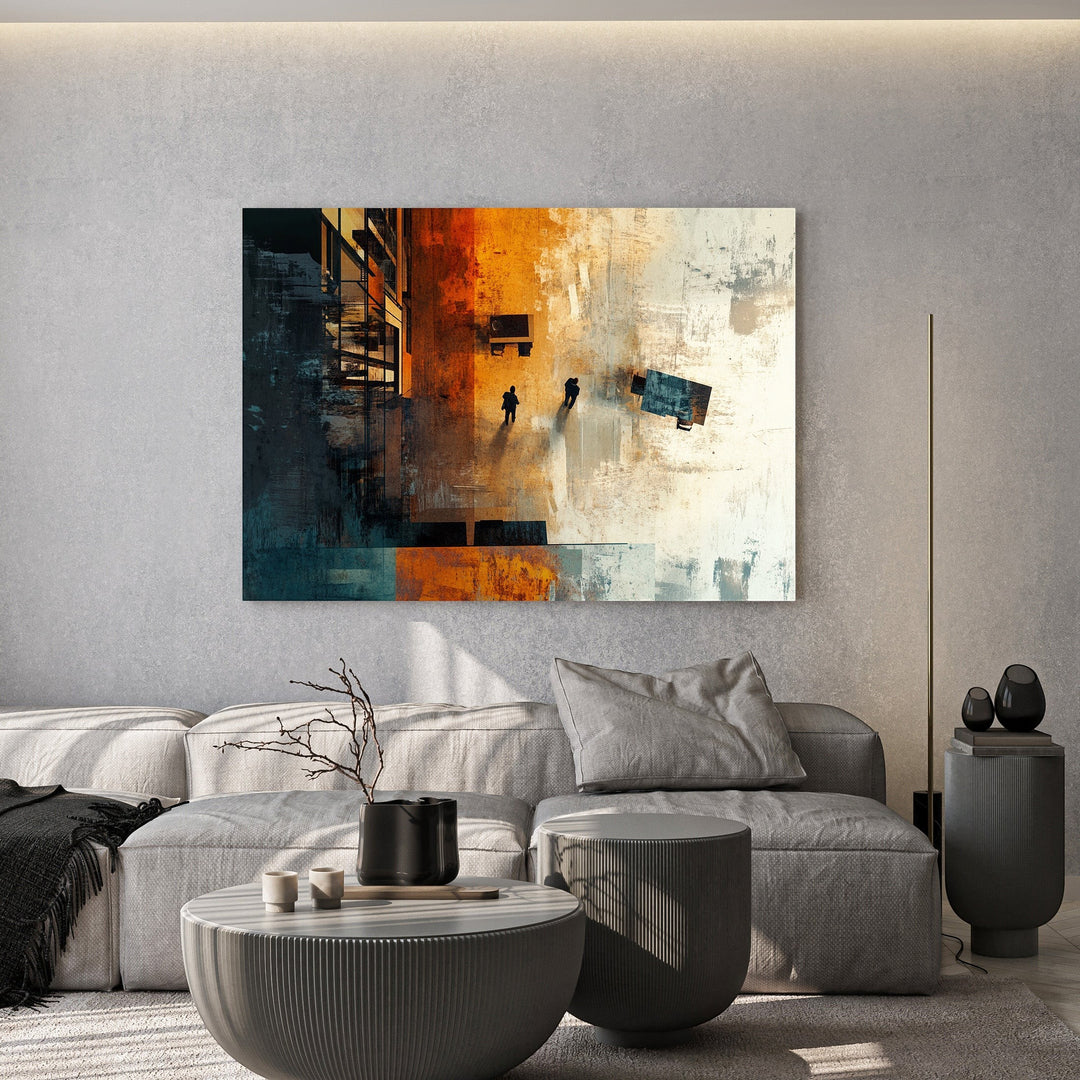 Wadi Home abstract wall art with orange, blue, and neutral tones depicting city figures and textured brushstrokes.