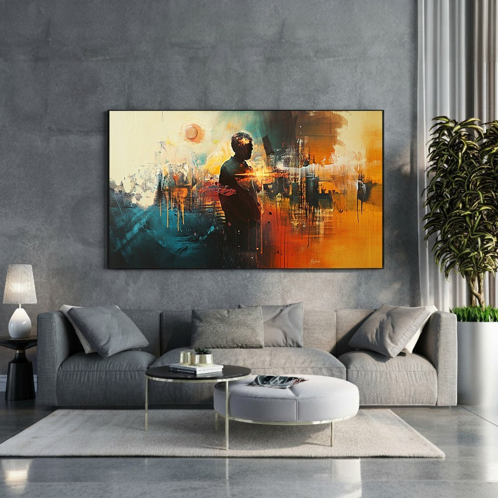 Wadi Home abstract cityscape artwork with lone figure, vibrant orange, yellow, and teal hues, textured brushstrokes.