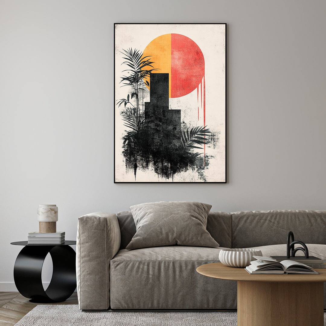 Wadi Home Abstract Cityscape Botanical Wall Art with black cityscape, palm leaves, and a split orange and red sun.
