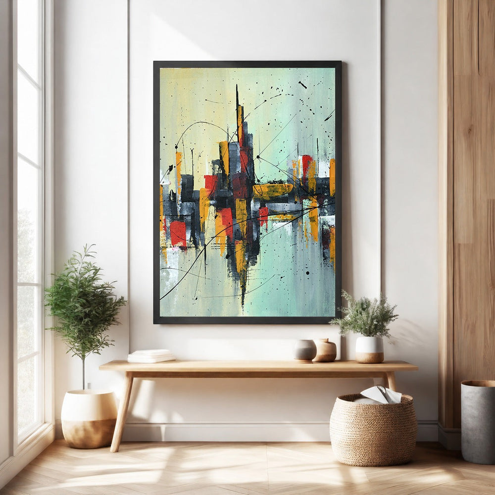 Wadi Home abstract cityscape canvas art with reds, yellows, blacks, and blues, featuring textured strokes and a modern design.