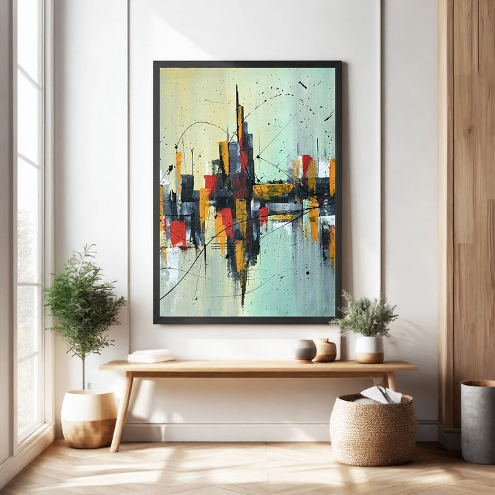 Wadi Home abstract cityscape canvas art with reds, yellows, blacks, and blues, featuring textured strokes and a modern design.