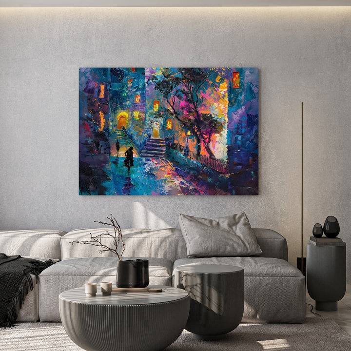 Wadi Home abstract cityscape canvas print with vibrant blue and purple impasto brushstrokes above a grey sofa.