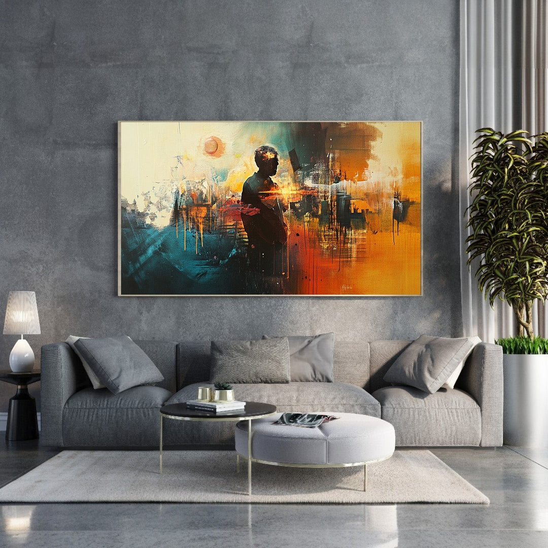 Wadi Home abstract cityscape painting with lone figure, vibrant orange, yellow, and teal hues, textured brushstrokes.