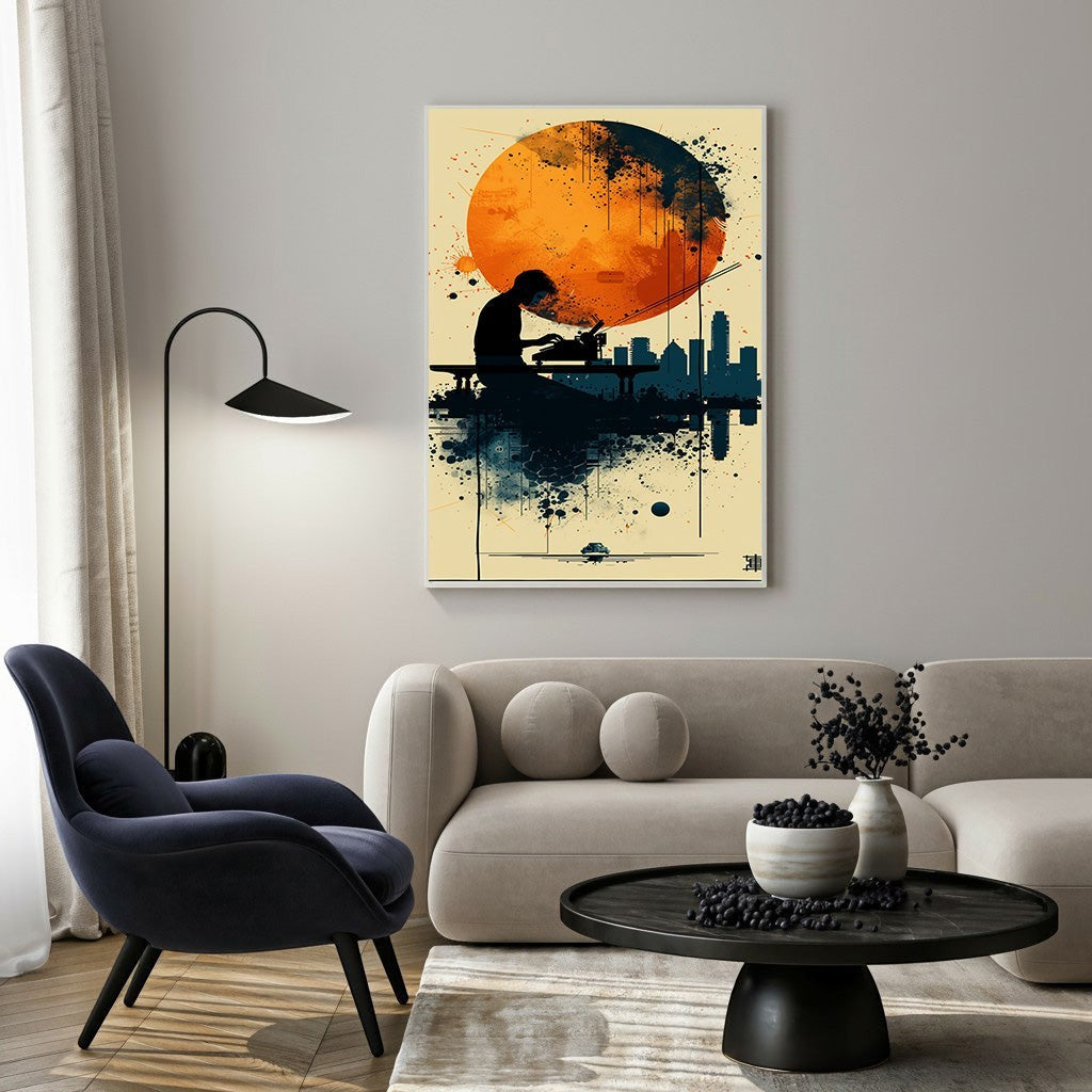 Wadi Home abstract cityscape artwork with a large orange sun and silhouetted figure.