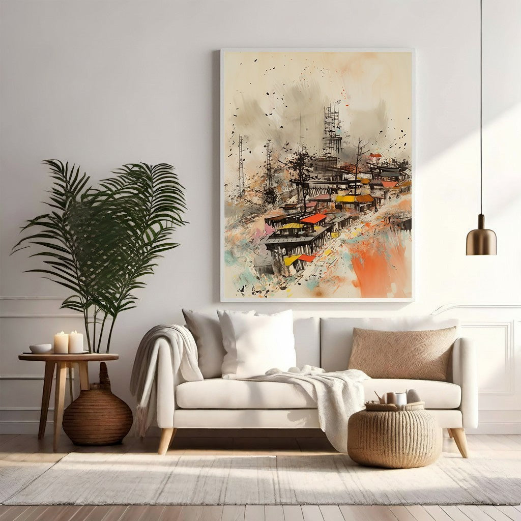 Wadi Home abstract cityscape wall art with vibrant colors and textured brushstrokes, depicting urban energy.