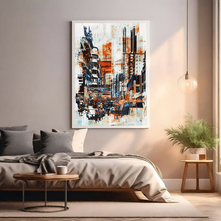 Wadi Home abstract cityscape wall art with blues, oranges, and whites. Textured brushstrokes create depth and movement.