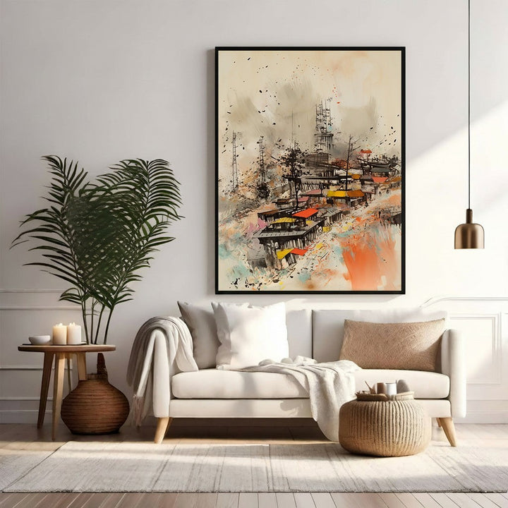 Wadi Home abstract cityscape wall art with vibrant colors and textured brushstrokes, framed in black.