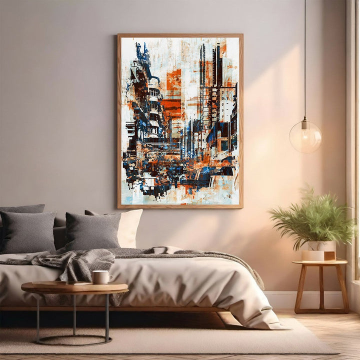 Wadi Home abstract cityscape wall art with blues, oranges, and whites, textured brushstrokes, framed in wood.