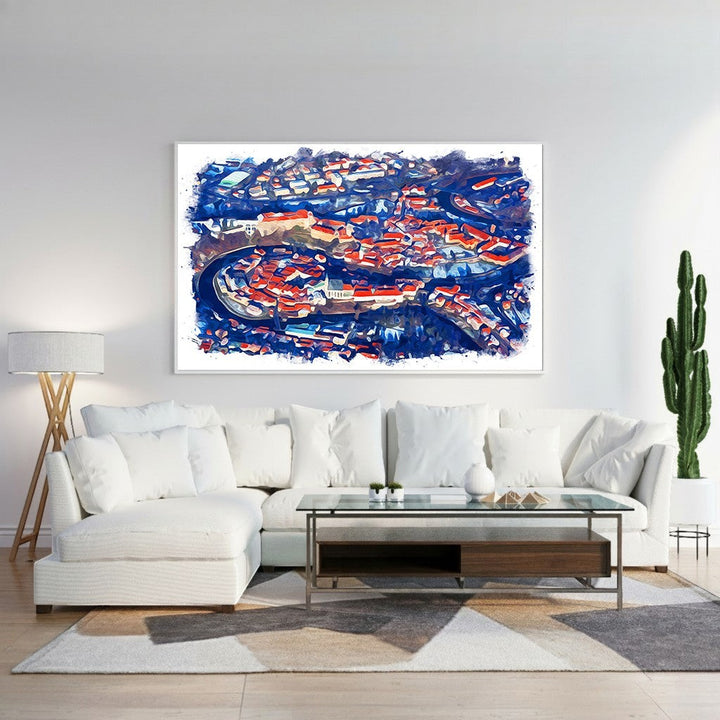 Wadi Home abstract cityscape wall art with deep blues and reds, capturing urban energy with a painterly flair.
