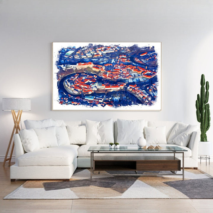 Wadi Home abstract cityscape wall art with deep blues and vibrant reds, capturing urban energy with a painterly style.