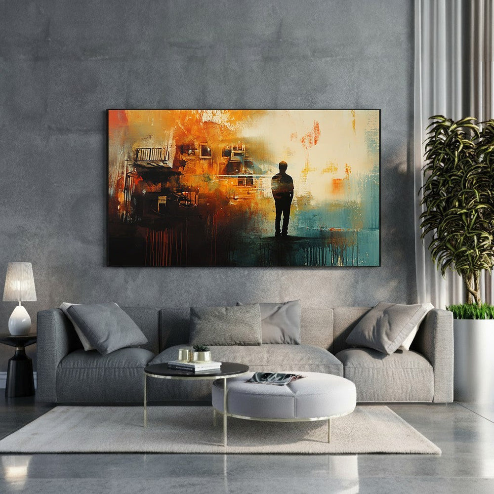 Wadi Home abstract cityscape canvas art with solitary figure in warm oranges, blues, and earthy tones.