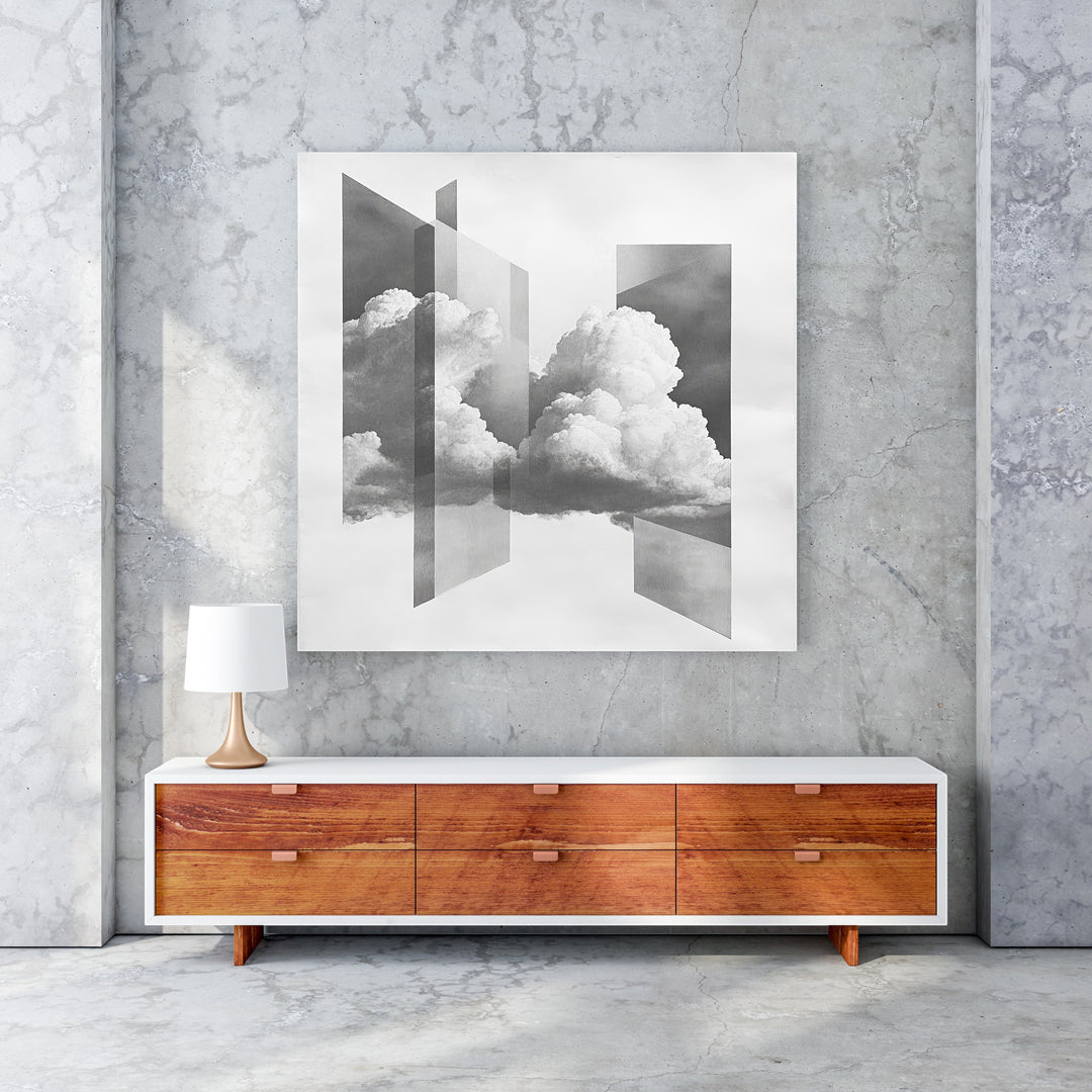 Wadi Home abstract cloudscape framed wall art with geometric shapes and monochromatic clouds.