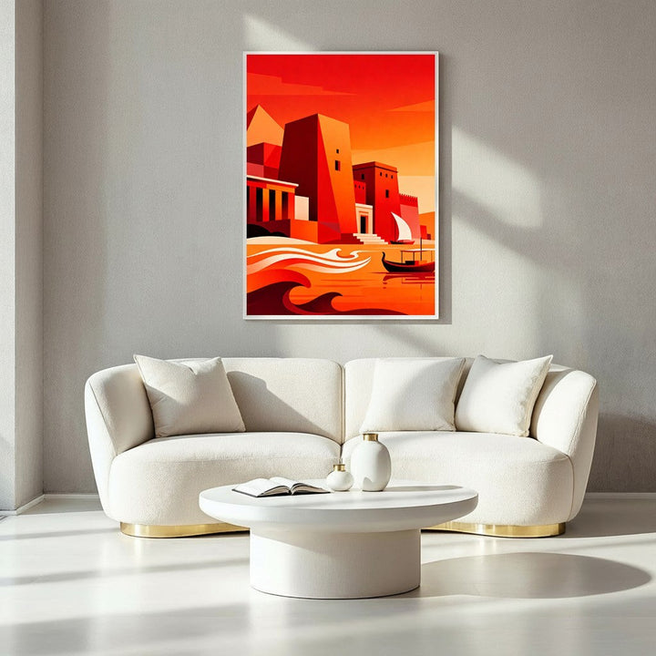 Wadi Home abstract coastal cityscape wall art with bold geometric shapes in warm oranges and reds, featuring a sailboat on water.