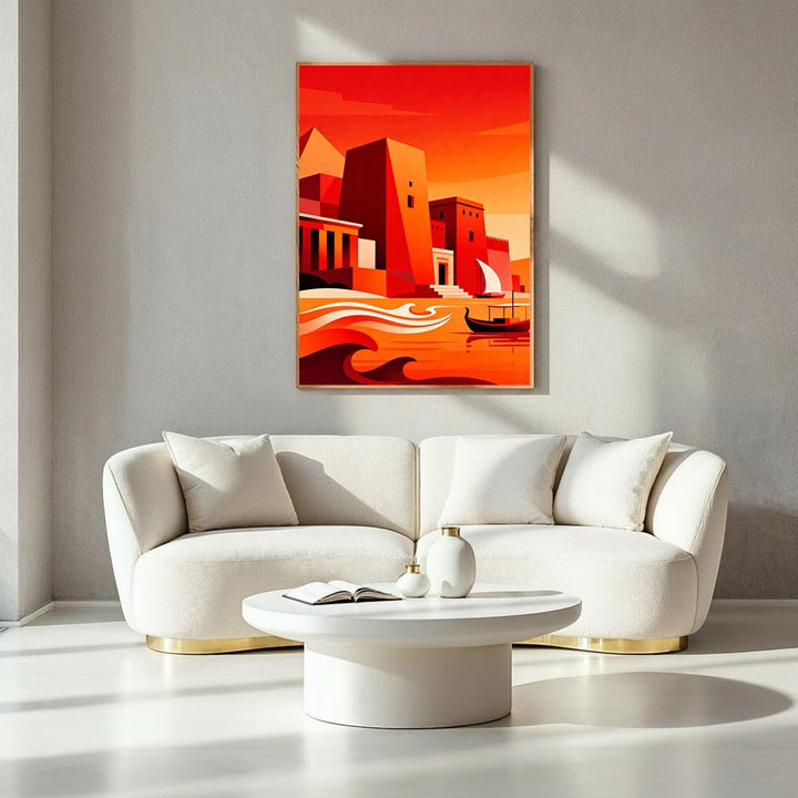 Wadi Home abstract coastal cityscape wall art with bold geometric shapes in warm oranges and reds, featuring a sailboat on water.