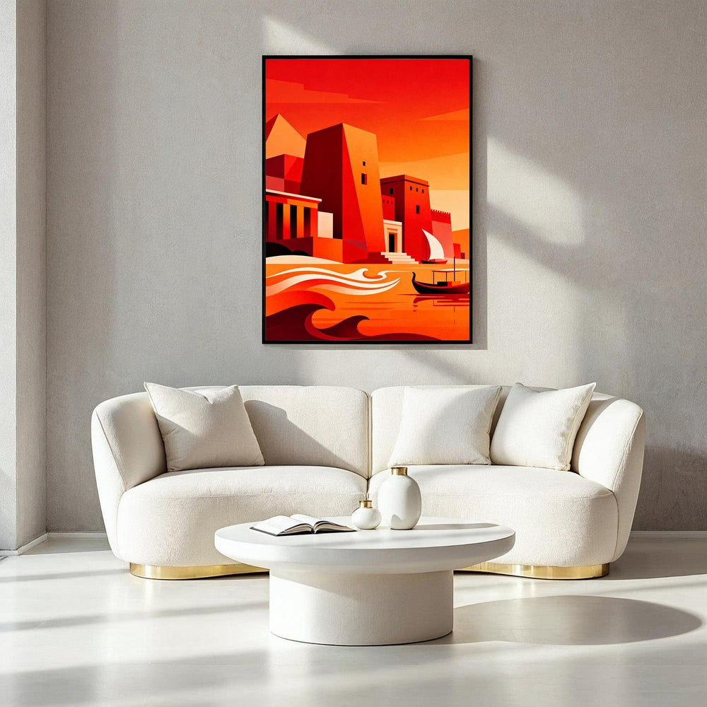 Wadi Home abstract coastal cityscape wall art with bold geometric shapes in orange and red, featuring a sailboat on water.