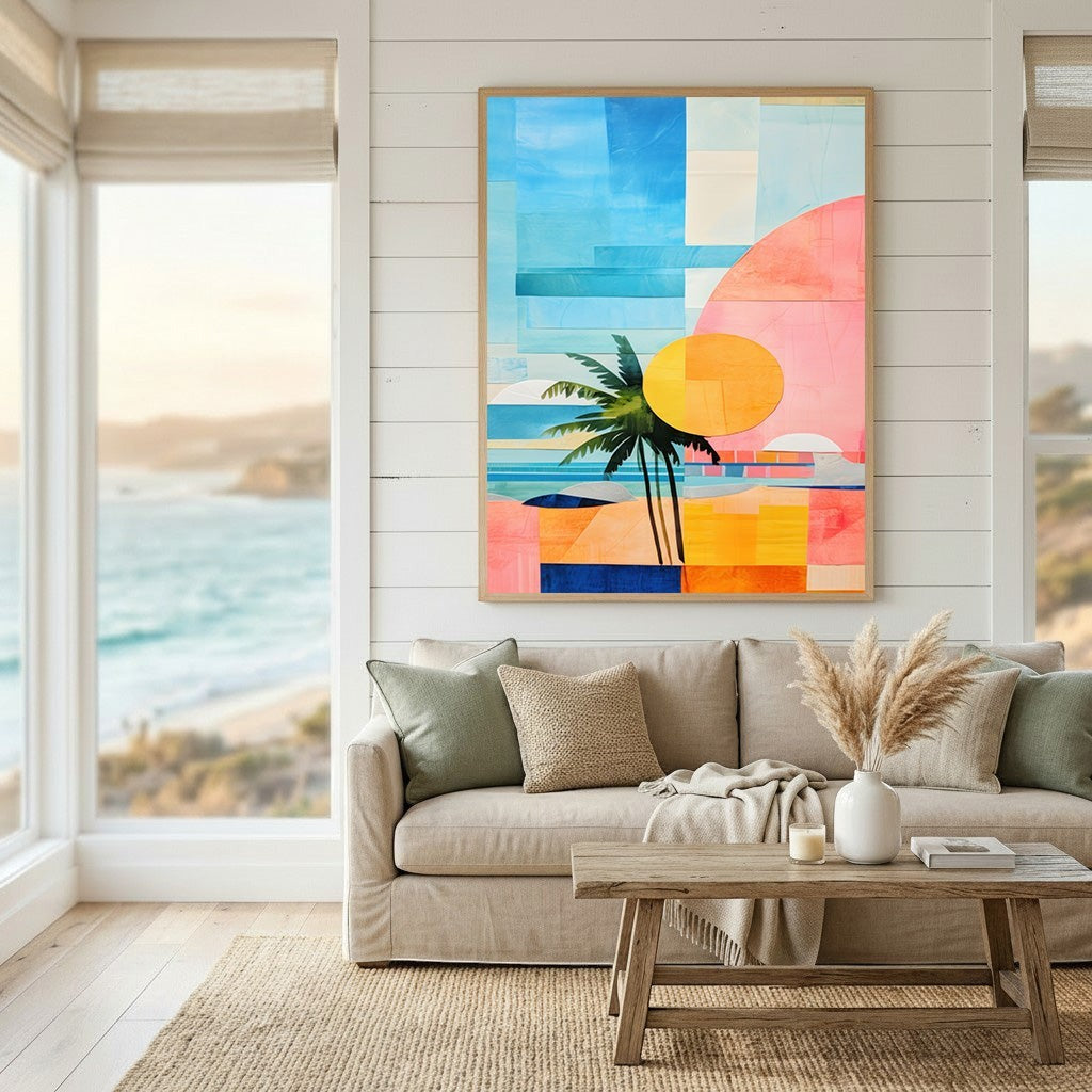 Wadi Home abstract coastal landscape wall art with palm tree, cerulean blue, pink, and yellow tones in a wooden frame.