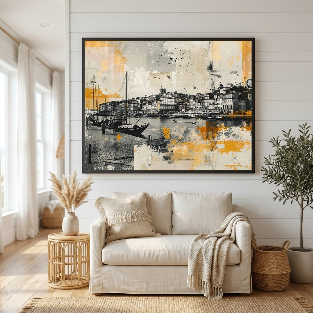 Wadi Home abstract coastal harbor wall art print in black, white, and golden yellow hanging above a beige sofa.