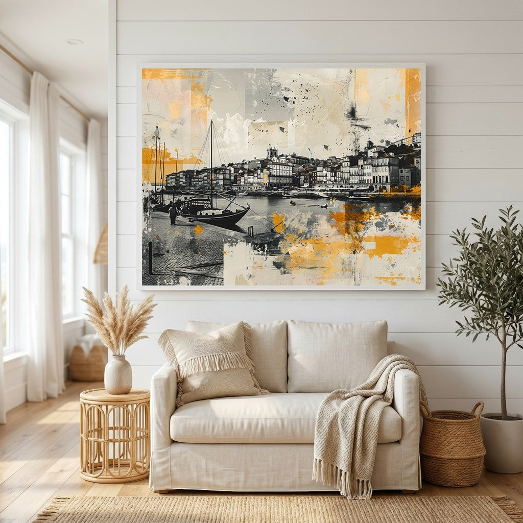 Wadi Home abstract coastal harbor wall art print in black, white, and yellow displayed above a beige living room sofa.