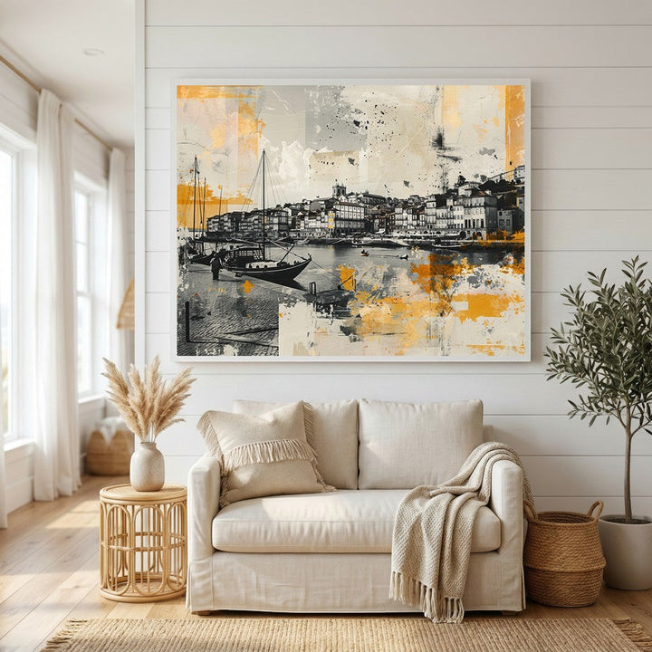 Wadi Home abstract coastal harbor wall art print in black, white, and yellow displayed above a beige living room sofa.