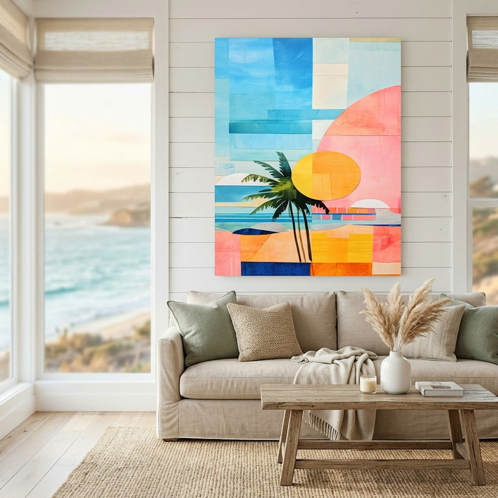 Wadi Home abstract coastal landscape wall art with palm tree, blue, pink, and yellow tones, hanging above a neutral sofa.