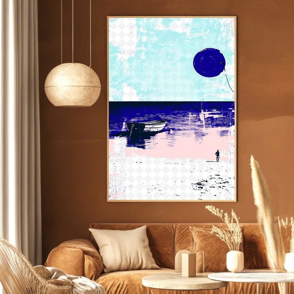 Wadi Home abstract coastal landscape wall art print featuring a boat and circular motif in navy, blue, and blush pink.